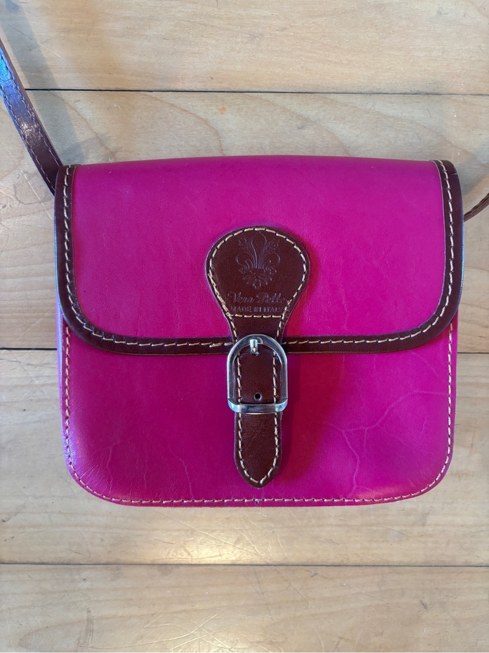 Vera Pelle Hot Pink Leather Crossbody with Brown Trim